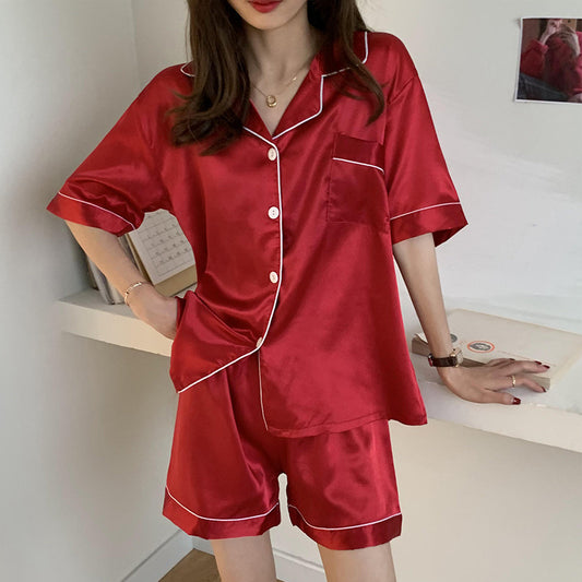 Popiv Womens Satin Silk Pajamas Set Short Sleeve Button Down Top and Shorts Sleepwear 2 Piece Pjs Set