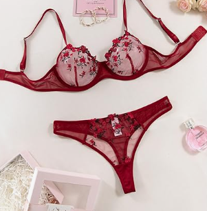 Aphrotiny Sexy Floral  Mesh Underwire Push Up Lingerie Set